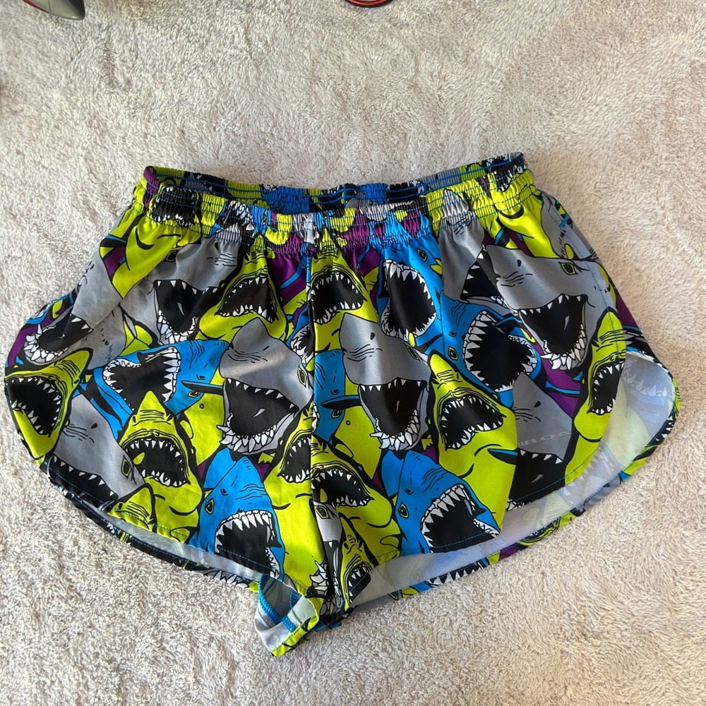 BOA USA Mens Shark Print Running Shorts Neon Split Leg Large Made in USA